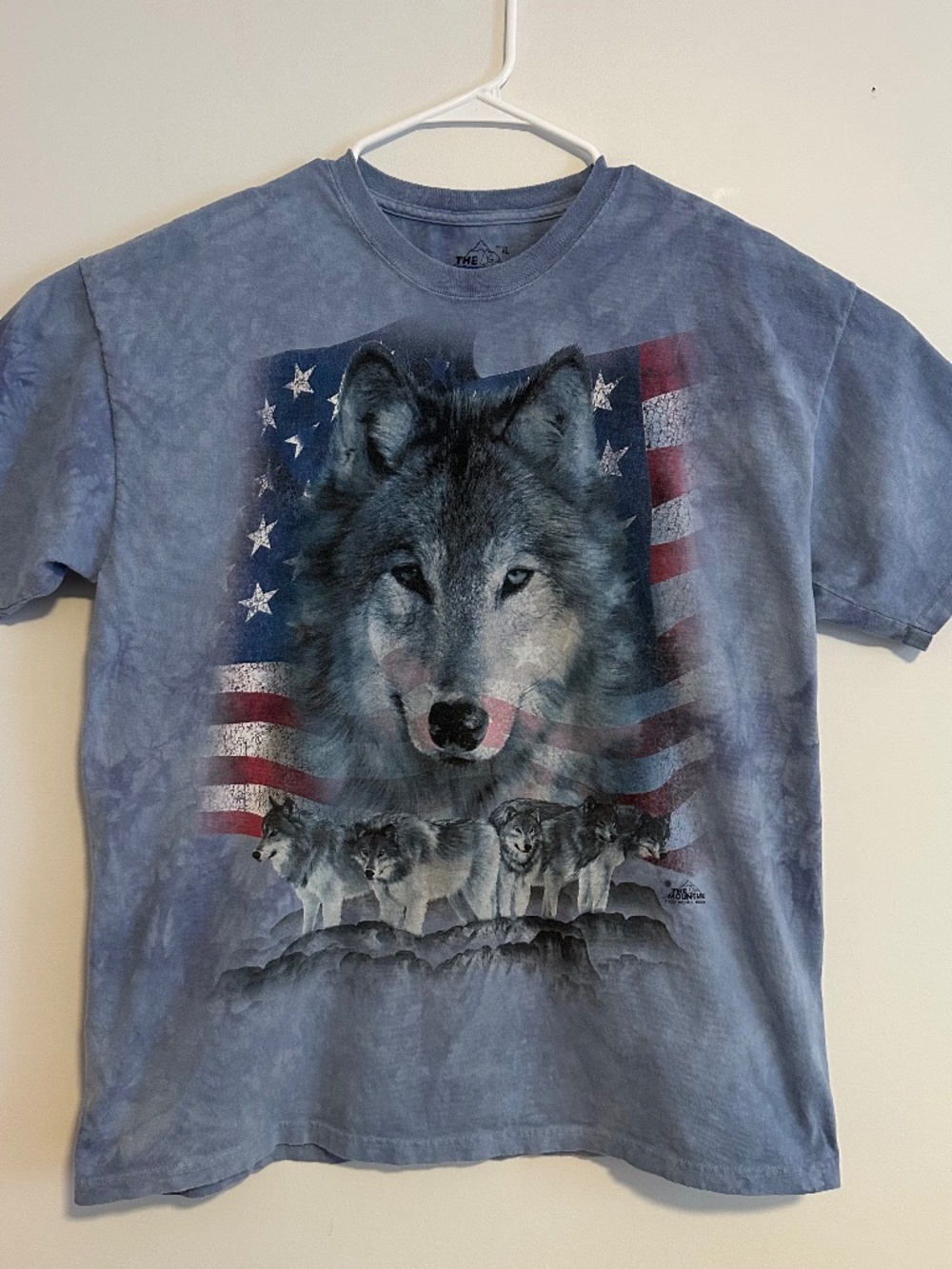 Men's The Mountain Wolf American Flag T-Shirt XL Tie Dye Blue Y2K Short Sleeve